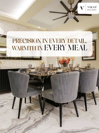 Precision in every detail creates warmth in every meal. This dining setup features comfortable, upholstered chairs and a sleek marble top table, ready for family gatherings.