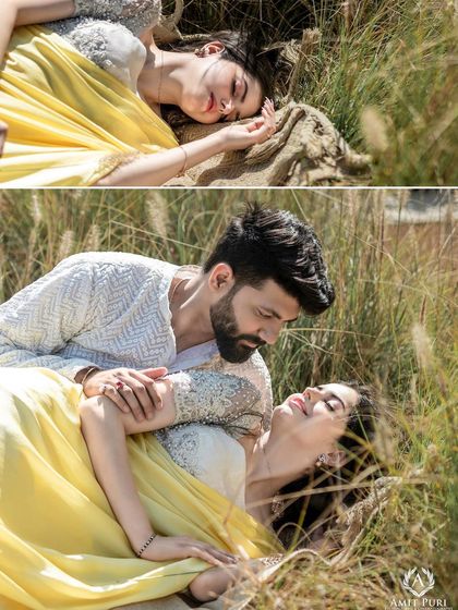 A romantic collage of the couple lying in a field of tall grass. The soft, natural light and their relaxed poses create a dreamy and peaceful set of pre-wedding portraits.