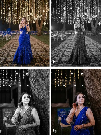 A creative look at bridal portraits, showing the same poses in both vibrant color and timeless black and white to highlight different moods.