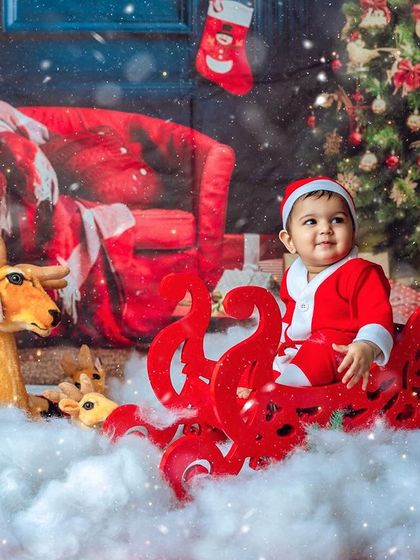 A full view of the magical Christmas sleigh setup, complete with reindeer and a festive tree.