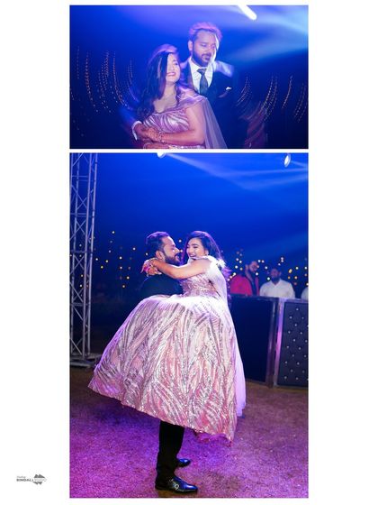 A fun and energetic collage from the reception. The groom lifts the bride in a joyful dance, a perfect picture of celebration and happiness.