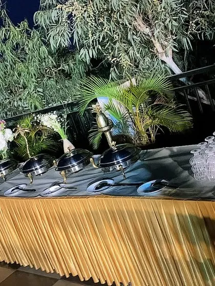 An outdoor evening buffet setup under the stars. The combination of elegant decor and lush greenery creates a beautiful backdrop for any celebration.