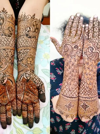 Another look at the beautiful peacock-themed bridal mehendi, showing both the fresh paste and the developed stain.