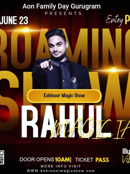 This poster announces my roaming magic show for the Aon Family Day in Gurugram. Walk-around illusion is a fantastic way to entertain guests in a dynamic event setting.