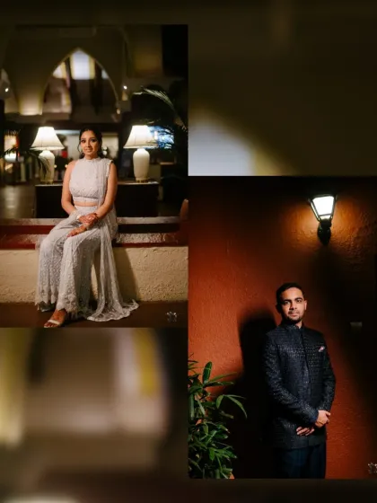 A collage of individual portraits of the bride and groom from their Sangeet night, showcasing their stylish outfits.