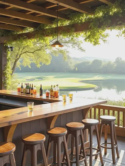 Here is a daytime bar setup at a golf club. The open-air design allows guests to enjoy the scenic view while sipping on freshly made drinks.