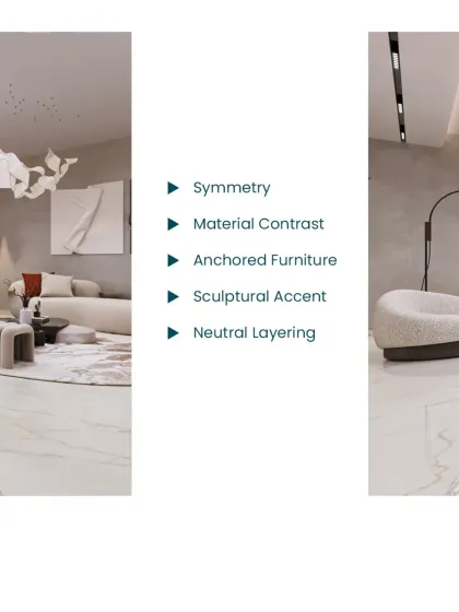 These are some of our go-to design moves for a living room: creating symmetry, using material contrast, anchoring furniture, adding sculptural accents, and layering neutrals.