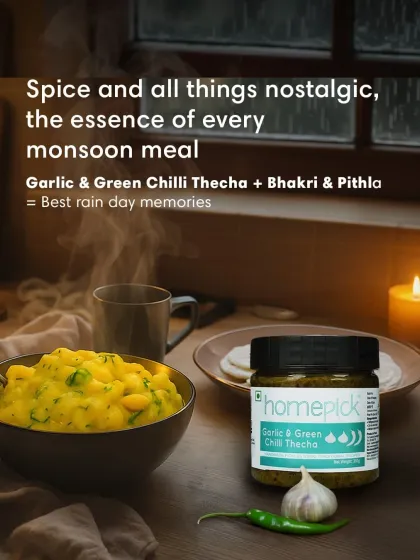 Bring back rainy day memories with the classic Maharashtrian meal of Bhakri and Pithla, made even better with our spicy Garlic & Green Chilli Thecha. It's nostalgia on a plate.