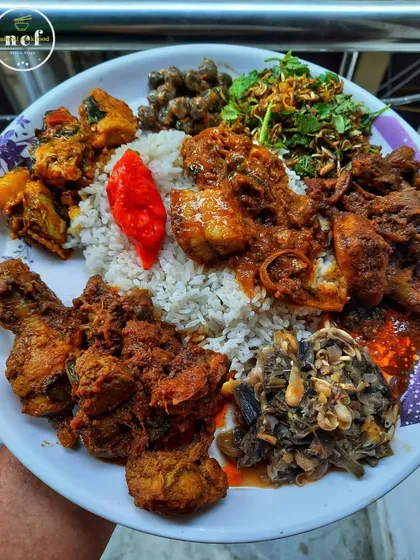 A holiday platter loaded with our best dishes. You can see pork with bamboo shoots, duck curry, chicken stir fry, singju, and so much more, all on one plate.