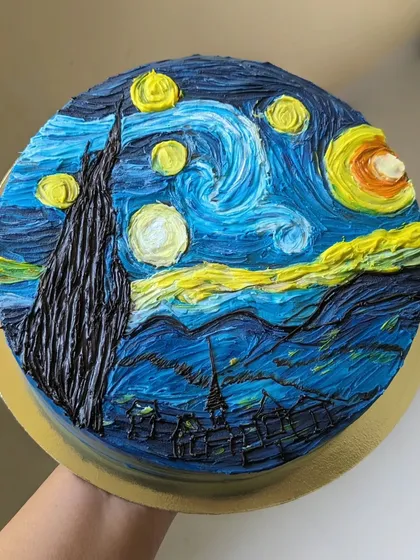 For the art lover, I recreated Van Gogh's "The Starry Night" using palette knife painting techniques with colored ganache. This cake is a true piece of edible art, transforming a classic masterpiece into a delicious centerpiece for a very special celebration.
