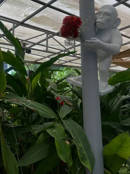A playful detail from the 'Citrus Safari' theme: a monkey statue cheekily holding a small bouquet of red flowers.