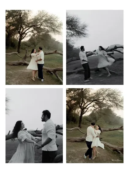 A four-panel collage showing the playful and romantic side of Kushal and Hemal. The mix of color and black and white captures them dancing and sharing happy moments.