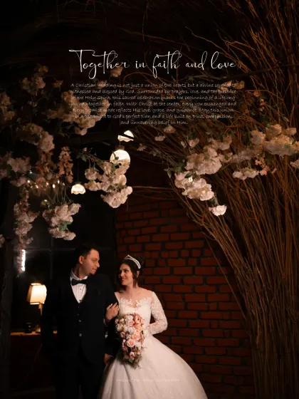'Together in faith and love'. A beautiful portrait of the couple under a canopy of blossoms, perfect for a Christian wedding album.