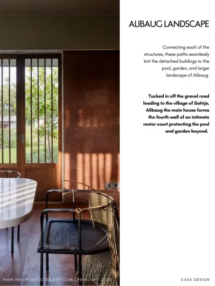 A detail of the dining area at Villa Uma, showcasing the interplay of light and shadow created by the slatted wooden screens. These elements provide ventilation and privacy while adding a layer of visual texture to the space.