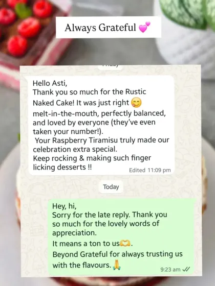 The feedback from my clients means the world to me. This message for the Raspberry Tiramisu cake made my day and is a testament to the simple, balanced flavors I strive for in every bake.