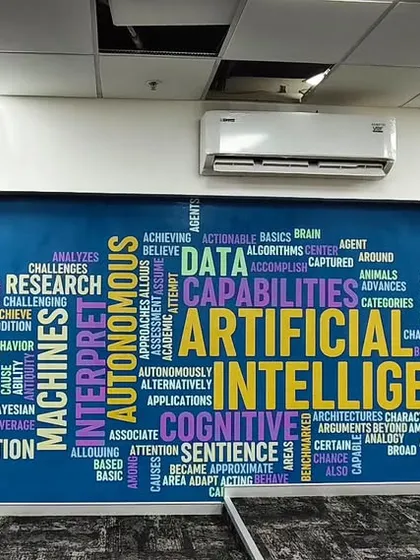 For corporate clients, I install custom murals that reflect their industry and brand. This 'Artificial Intelligence' word cloud is a great example of how we can turn a plain office wall into a modern, motivational focal point.