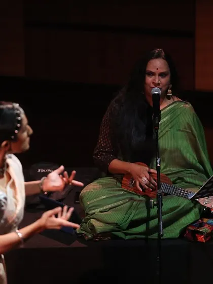 An interactive moment in 'Mandala'. The performance is structured as a conversation, not just between me and the musician, but also with the poetry and the audience.