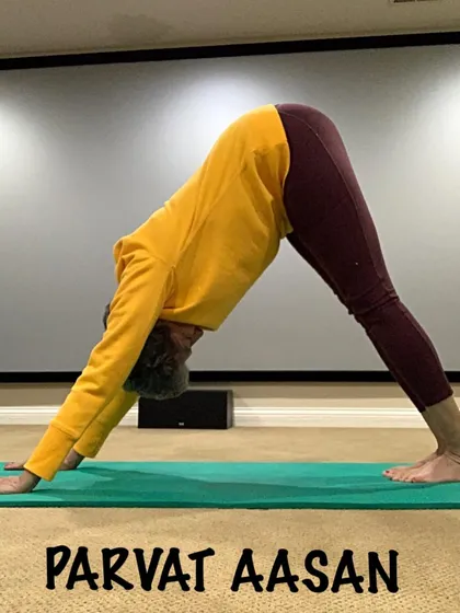 Parvatasana, or Downward-Facing Dog. This is one of the most recognized yoga poses, excellent for stretching and strengthening the entire body.