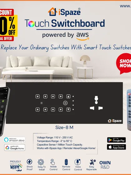Our 8-module smart switchboard in royal black. This size is versatile and can control multiple switches, a fan, and a socket, making it ideal for most rooms.