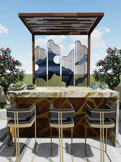 This luxurious rooftop bar concept features a marble-topped counter and an artistic metal screen as a backdrop. Flanked by flowering plants, it demonstrates how we can create a high-end, bespoke entertainment space on a terrace.