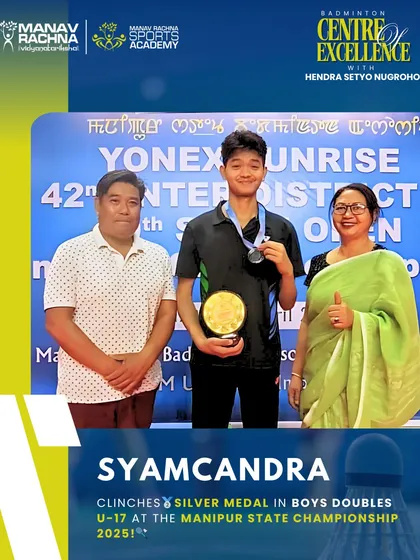 Syamcandra with his Silver medal in Boys Doubles U-17 at the Manipur State Championship. His performance is a result of rigorous training and dedication.