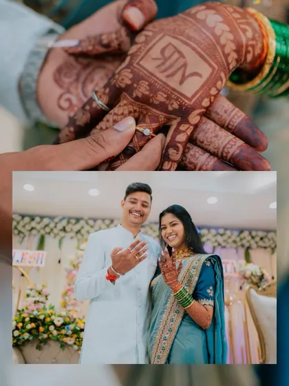 A collage showing the couple's engagement rings and a close-up of the intricate henna design with their initials.