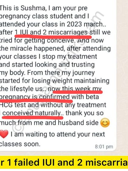 After 1 failed IUI and 2 miscarriages, this student stopped treatment and started trusting her body. She focused on losing weight and maintaining a healthy lifestyle, and now her pregnancy is confirmed.