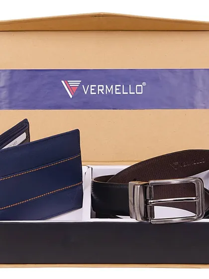 Our navy blue leather wallet with horizontal stitch detailing, presented alongside a formal black leather belt. This combination is packaged in our standard corporate gift box.