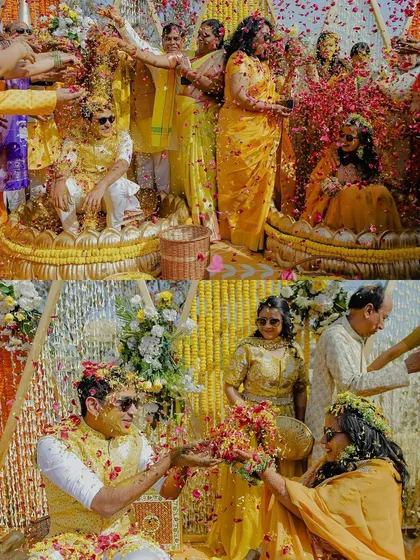 A collage of the couple's Haldi ceremony, showing the joyful chaos and vibrant colors of the event.