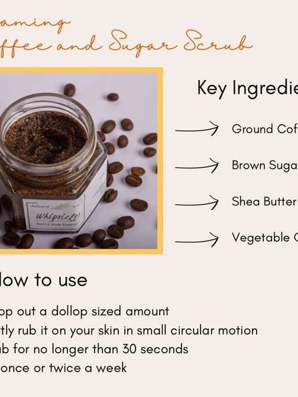 An educational graphic on our Foaming Coffee and Sugar Scrub. It details the key ingredients like ground coffee and shea butter, and how to use it for best results.