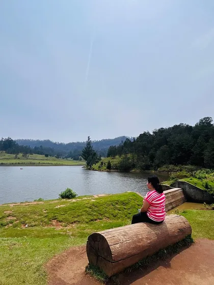 A serene shot of a traveler sitting by the lake in Kodaikanal.