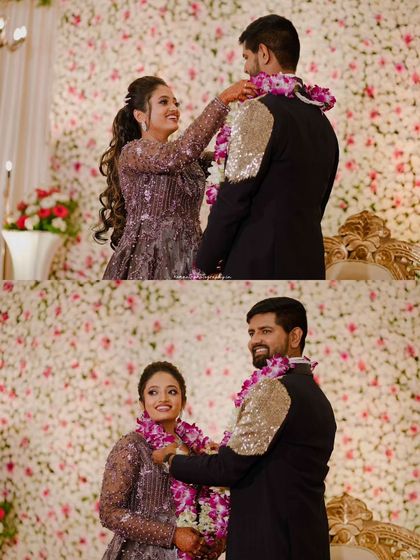 The garland exchange during the reception, a moment of mutual respect and welcome. This collage shows both the bride and groom placing garlands on each other.