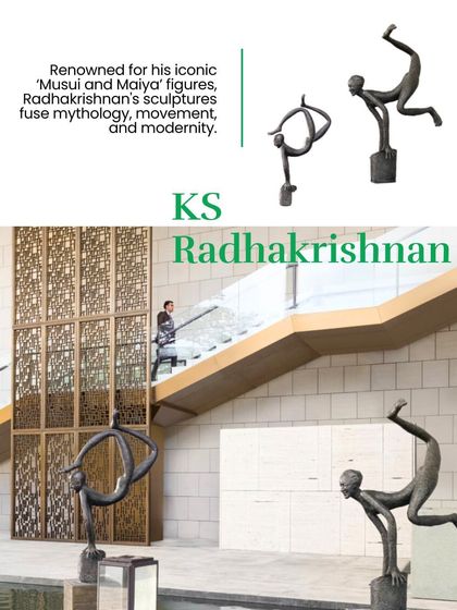 Sculptures by K.S. Radhakrishnan, which fuse mythology, movement, and modernity, installed in a common area at the Four Seasons Hotel.