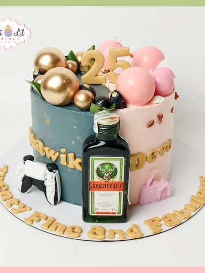 Can't decide on one theme? We can create a cake that celebrates multiple passions. This unique 25th birthday cake is split down the middle, representing gaming on one side and fashion on the other, complete with a miniature liqueur bottle for the perfect party starter.