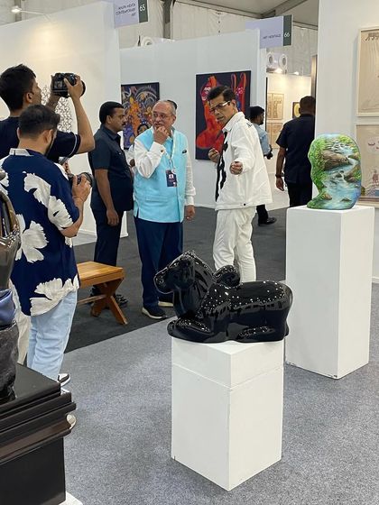Film director Karan Johar visiting our booth at Art Mumbai. The presence of cultural influencers highlights the growing mainstream appreciation for contemporary Indian art.