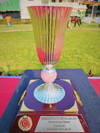 The Rajyotsava Trophy, a stunning fluted glass trophy with a pink orb accent.