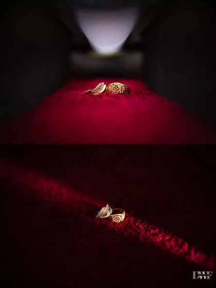A creative and dramatic shot of the engagement rings, highlighted by a single beam of light. This photo turns a detail into a cinematic moment.