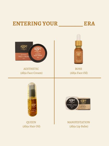 Which era are you entering? This graphic playfully matches my products to different life eras: Aesthetic (Face Cream), Boss (Face Oil), Queen (Hair Oil), and Manifestation (Lip Balm).
