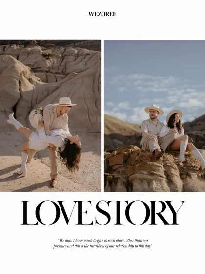 A 'Love Story' feature from Wezoree magazine, highlighting Naina and Ryan's adventurous pre-wedding shoot. The quote emphasizes the foundation of their relationship: being present for each other.