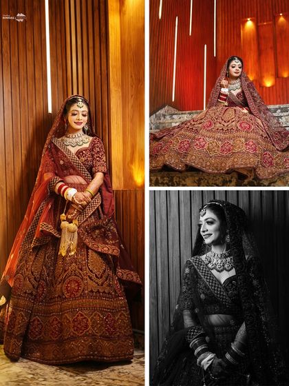 A three-part collage of the bride, including a full-length portrait, a seated pose, and a timeless black and white version.