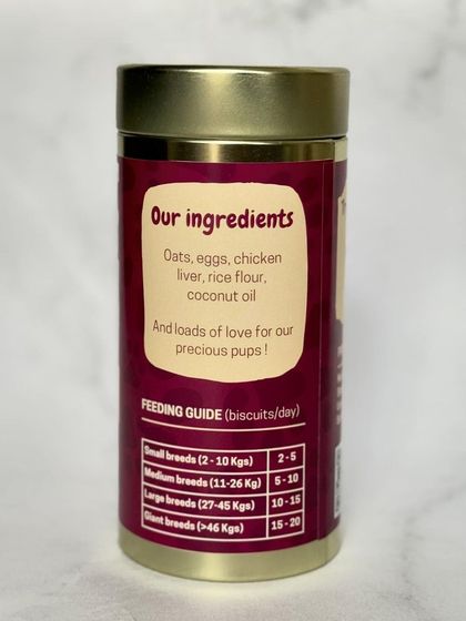 I believe in full transparency. The back of my Skin & Coat cookie tin lists every single ingredient: oats, eggs, chicken liver, rice flour, and coconut oil. Simple, honest, and made with love.