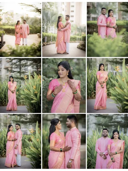 A grid collage showing a variety of couple and solo portraits from an outdoor engagement shoot.