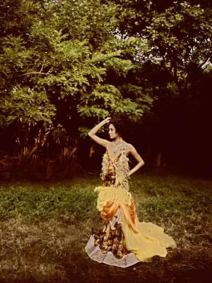 Lisa Haydon, dressed in dreams under open skies. This image from our Verve India editorial uses dramatic lighting to isolate the subject against a dark, natural backdrop.