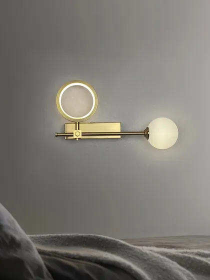 A minimalist wall sconce with a ring light and a globe. This geometric design is perfect for a modern bedroom or study.