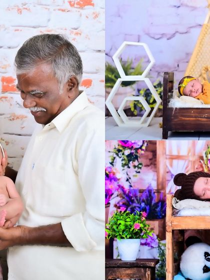 A proud grandfather holds his newborn grandchild. This collage pairs the heartwarming multi-generational portrait with creative solo shots of the baby in themed studio setups.