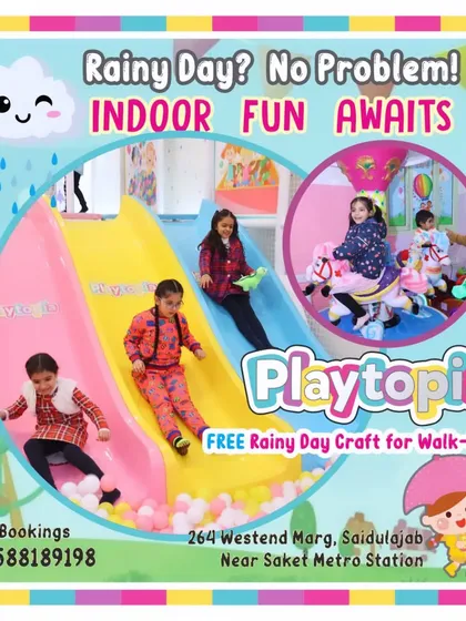 Don't let a rainy day spoil the fun. This collage shows kids enjoying our indoor play area, from the multi-colored slides leading into the ball pit to the fun carousel rides. We even offer a free craft for walk-in visitors on gloomy days.