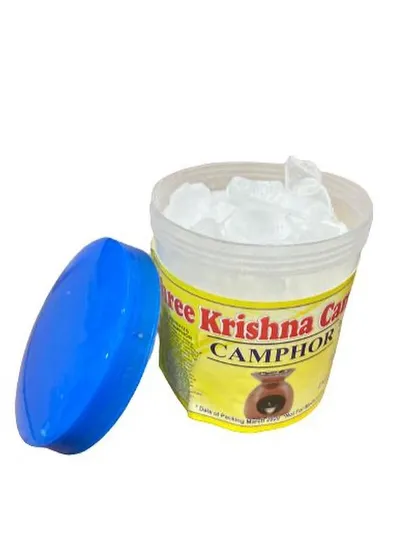 Here is an open tub of our pure camphor, showing the quality of the crystals inside. The bright blue lid ensures the container is sealed tightly when not in use.