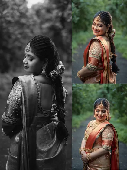 A collage showing the bride's complete South Indian look, including a timeless black and white portrait. It showcases her beautiful silk saree, braided hairstyle, and graceful poses.