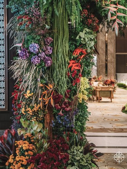 A detail of the floral archway at the entrance to the 'Orchard of Life' naming ceremony.