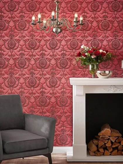 A bold, red baroque damask pattern that makes a grand statement. This design is perfect for creating a focal point in a living room, especially around a fireplace.